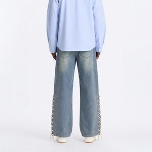 Unique Faded Light Blue Washed Loose Wide Leg Denim <b>Trousers</b> with Side Lace-up Design for <b>Y2K</b> Retro Streetwear Daily Casual - Product Image 2