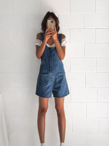 Combinaison courte en jean délavé vintage pour <span class=keywords><strong>femme</strong></span>, sans manches, boutonnée sur le devant, avec poches, bleu clair, style <span class=keywords><strong>bermuda</strong></span>, pour l'été - Product Image 5