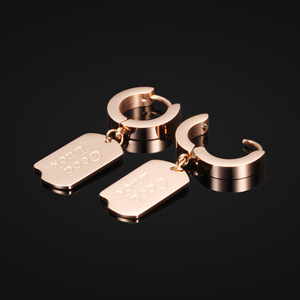 Pendientes de aro de oro rosa con etiqueta de buena suerte, pendientes colgantes para mujer, joyería de moda de acero inoxidable, regalo - Product Image 2