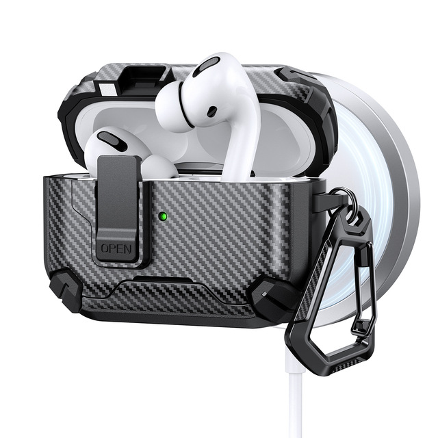 Magnetic Tough Case for AirPods Pro 2 3 with Security Lock Carbon Fiber Armor Cover for Magnetic Wireless Charging