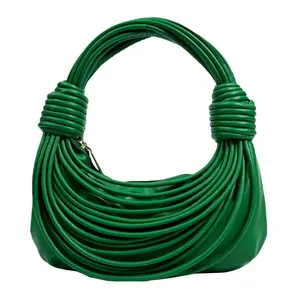 atest fashion women pu leather green noodle string woven knot hobo bags trendy clutch bags for ladies hand bags