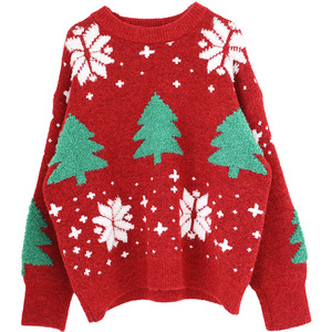 <span class=keywords><strong>Pull</strong></span> en laine pour femme à motif flocon de neige rouge et sapin de Noël, décontracté, mode automne-hiver, coupe ample, style Ins - Product Image 4