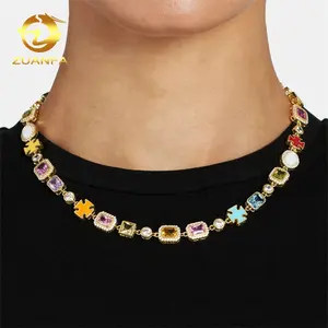 Zuanfa New Arrival Iced Out Multi Cubic Zirconia Cz Gemstone Motif Necklace Silver Gold Plated