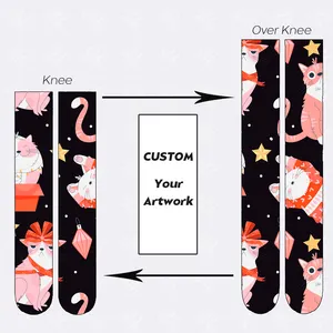 Girls Printing Stocking Customization Pattern Dream Cat Cute Animal Funny Knit Velvet Black Over Knee Free Size Socks
