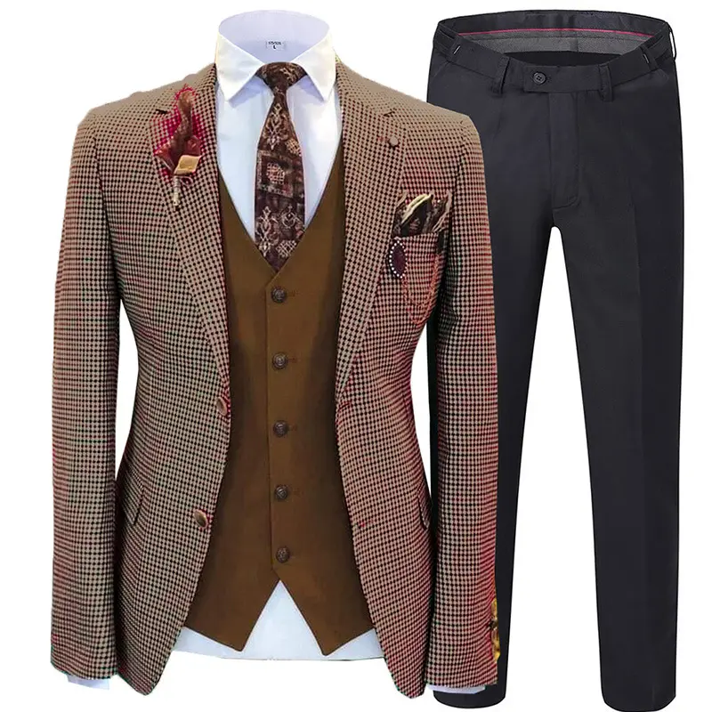 Hot sale Plaid tweed men's three-piece suit Men's Suit Brown Formal 3 Pieces Slim Fit Shawl Lapel Soft wedding groomsmen blazer