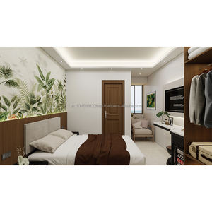 Meubles commerciaux : Lit king-size en bois avec tête de lit capitonnée, tables de chevet et armoire pour ensembles de chambre d'hôtel 3 étoiles - Product Image 1