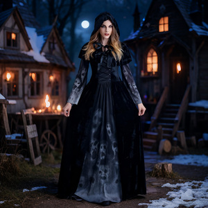 Vestido de Halloween para mujer adulta con capucha y chal, disfraz largo de terciopelo para fiesta y juegos de rol. - Product Image 2