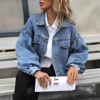 Veste en jean courte à manches bouffantes surdimensionnées pour femmes