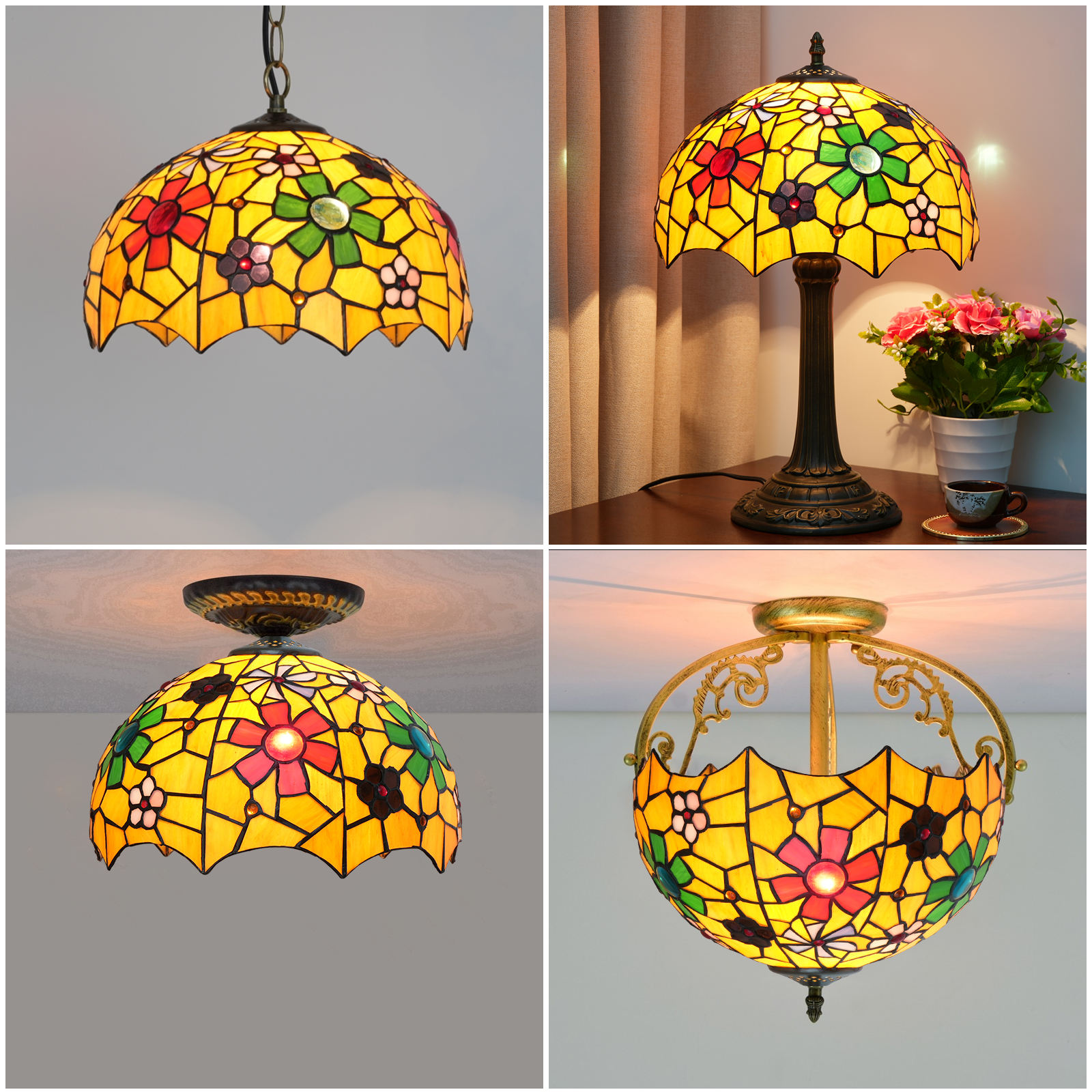 12inch Tiffany Style Lamp Shade Replacement - Floral Stained Glass, image size:1600x1600