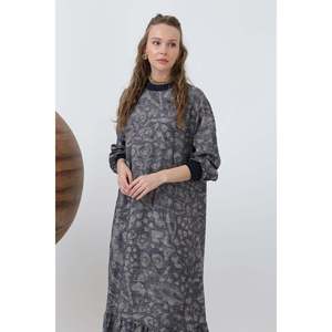 Puane Women's Casual Ribbed Collar Patterned Midi <b>Dress</b> with Comfortable Fit and Lightweight Fabric for Everyday Style, Navy - Product Image 4