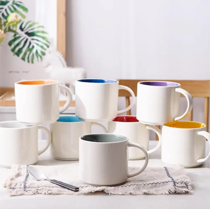 Grosir 15Oz mug keramik dapat ditumpuk Glossy baru tulang cina cangkir teh Logo kustom cetak Mug kopi keramik besar