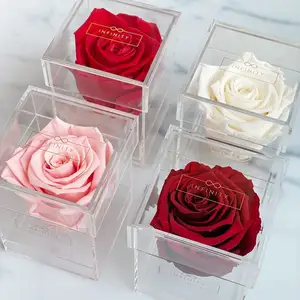 Coffret cadeau de bijoux de roses rouges éternelles de la Saint-Valentin préservé de vraies fleurs de roses Boîte acrylique Petit étui floral en plexiglas