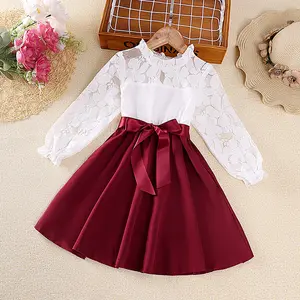 Haute qualité filles robes enfants robe rouge dentelle anniversaire bébé filles coton enfants robe d'été à manches longues tenue décontractée