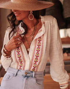 Camicetta da Donna all'Ingrosso con Ricamo Floreale, Scollo a V con <span class=keywords><strong>Volant</strong></span>, Bottoni Frontali, Maniche Lunghe a Sbuffo, Stile Boho Casual e Vestibilità Ampia - Product Image 1