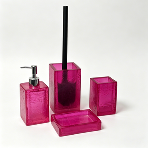 Set Bagno Moderno 4 Pezzi in Resina Fucsia Vibrante con Effetto Craquelé: Dispenser Sapone, Porta Scopino, Porta Spazzolino, Porta Sapone - Product Image 5