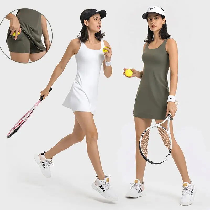 Ladies Compression Tennis Midi Skirt With Pocket shorts summer One Piece Golf Athletic Dress Casual Tennis clothing