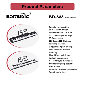 BD MUSIC BD-883 Instruments de musique portables 88 touches Piano numérique MIDI Grand clavier électronique Orgue électrique - Product Image 3