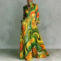 Robe longue décontractée pour femme, personnalisable OEM/ODM, marque privée, multicolore, col montant, boutonnée, ourlet plissé, manches longues, imprimée, pour le quotidien