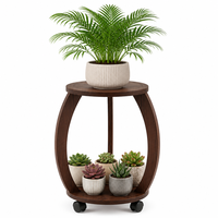 Support à plantes en bois à 2 niveaux avec roulettes, support rond pour pot de fleurs, étagère mobile pour plantes, pour le coin du salon