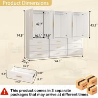 Armoire moderne en bois blanc avec 9 tiroirs et portes hautes 75" H x 95" L, armoire de rangement écologique pour chambre à coucher