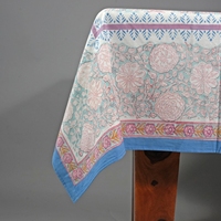 Nappe de table rectangulaire en pur coton, style bohème, imprimé botanique bleu doux, avec bordure florale décorative