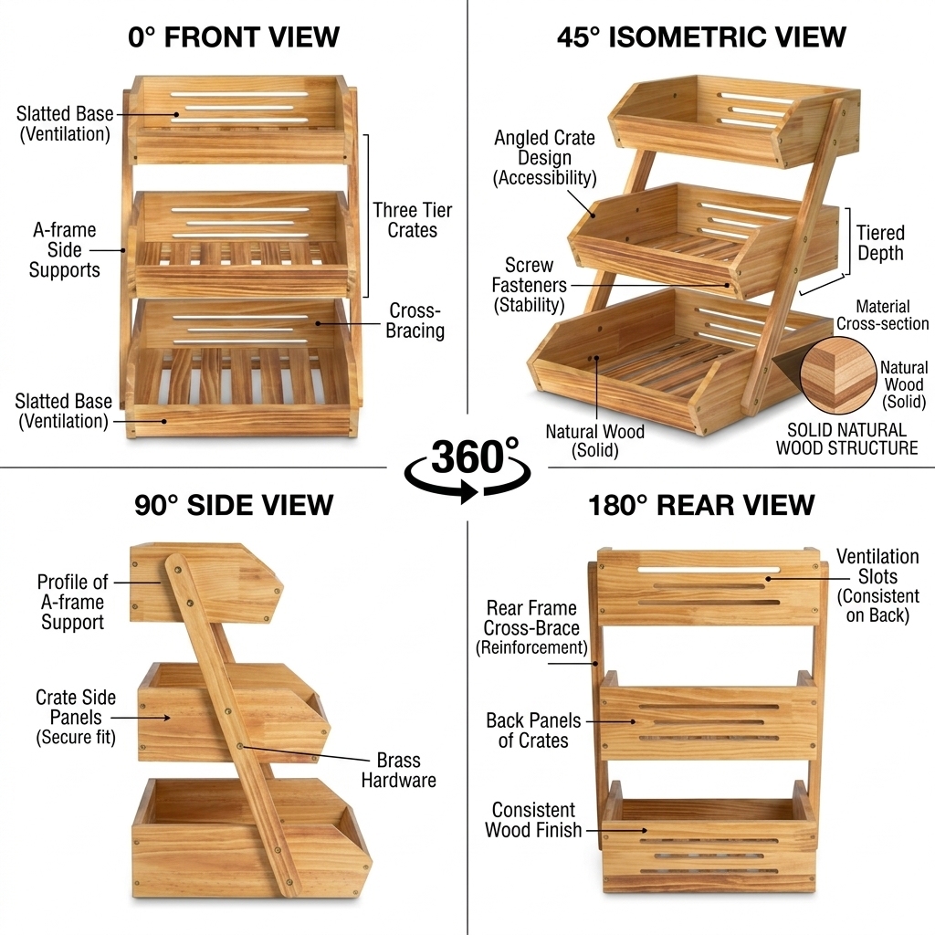 Wooden Fruit Vegetable Display Stand Produce Rack Farm Stand Organic Market Grocery Bakery Basket 3 Tier Countertop POS Logo FSC — view 3