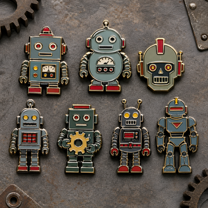 Pins de solapa de metal de alta calidad <span class=keywords><strong>del</strong></span> fabricante, personalizados, con temática de robot retro, insignias mecánicas vintage y de <span class=keywords><strong>guerrero</strong></span> cibernético - Product Image 1