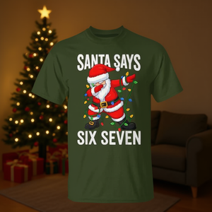 Camiseta navideña con la frase 'Santa Says Six Seven', meme de jergas gen alfa, diversión navideña - Product Image 3
