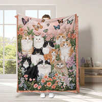 Couverture en flanelle à motif floral de chat, imprimé aquarelle chaton, papillon et fleurs, douce et chaude, pour canapé et lit, impression personnalisable, moderne
