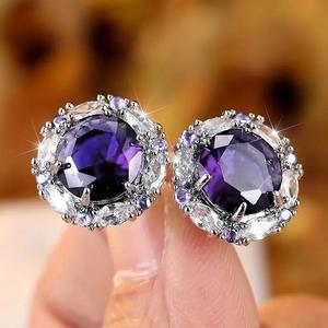 E2780 ต่างหูสีม่วงทรงกลมเจียระไนแบบเหลี่ยมคมกริบ ตัวเรือนโลหะผสมสังกะสี เครื่องประดับแฟชั่นคลาสสิกสำหรับผู้หญิง ของขวัญ - Product Image 4