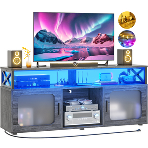 Luxury Large Media Console Cabinet TV Stand LED Light Charging Station <strong>Soundbar</strong> <strong>Shelf</strong> for Living Room Bedroom House Farmhouse - Product Image 1