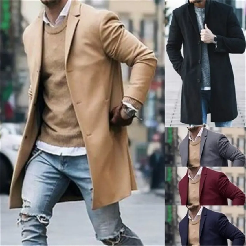 2022 Newest Mens Simple Woolen Coat Casual Woolen Mid-length Coat Wool Trench Coat