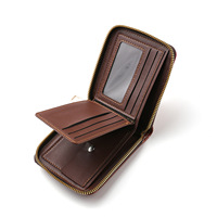 Dompet Pria Gaya Retro Eropa Amerika dengan Patchwork Kulit PU Horizontal, Blok Warna, Resleting, Panjang Pendek, dan Slot Multi-Kartu.