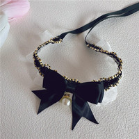 Colliers de luxe modernes pour chats et chiens avec nœud en dentelle élastique et collier rétro en perles Accessoires en plastique détachables