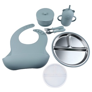 Ensemble d'alimentation <span class=keywords><strong>pour</strong></span> bébés et enfants en silicone et acier inoxydable 304, comprenant fourchette, cuillère, paille, tasse d'apprentissage, bol alimentaire à double anse et assiette à <span class=keywords><strong>ventouse</strong></span> - Product Image 1