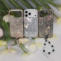 Coque de téléphone à motif floral en strass avec effet vague d'eau, cadre d'appareil photo en cristal et cordon perlé pour iPhone 11/12/13/14/15/16/17 Pro Max