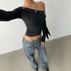 Tren produk tren wanita musim semi pakaian bahu miring blus lengan panjang dan atasan hitam 2026 - Product Image 3