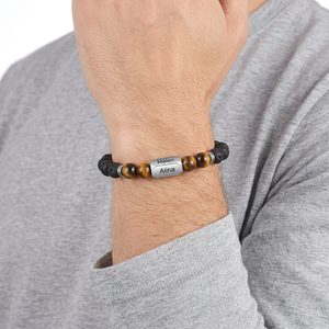 <span class=keywords><strong>Bracelet</strong></span> personnalisé en pierre de lave naturelle et perles œil de tigre avec nom gravé, breloque en acier inoxydable, bijou extensible pour <span class=keywords><strong>homme</strong></span> - Product Image 2