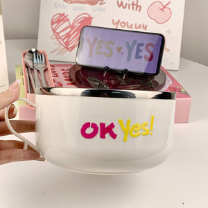 Tazón para fideos Ok Yes con tapa y juego de cubiertos para estudiantes y uso en dormitorios, tazón redondo de acero inoxidable de grado alimenticio - Product Image 2