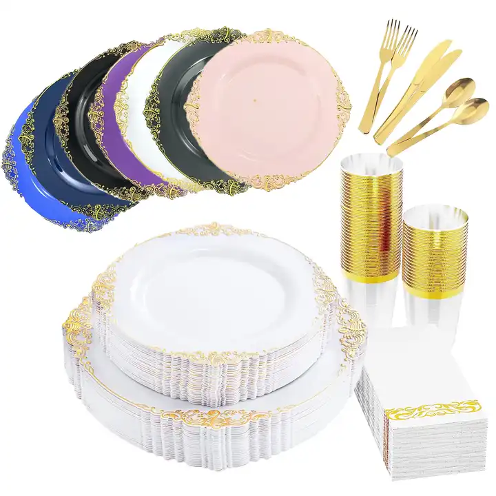 25 Guests Elegant Disposable Plastic Gold