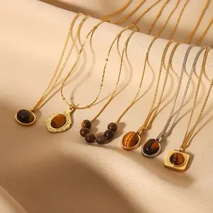 18K Gold Plated Stainless Steel Pendant Necklace Vintage Natural Tiger Eye Stone Pendant Chain Necklace