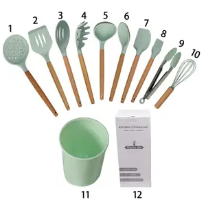 Juego de utensilios de cocina de madera de silicona de grado alimenticio al por mayor, utensilios de cocina de diseño premium