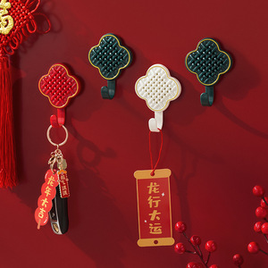 Chinese Knot Themed Hooks Self Adhesive Wall Mounted Single Hook White And Green For Door Or Wall Decoration - Product Image 1