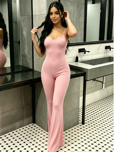 Body de tirantes finos acanalado rosa, mono largo acampanado para mujer, estilo bodycon, elástico, color liso, para todas las estaciones - Product Image 1