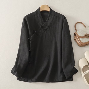 Traditional Chinese Top Cotton Linen Long Sleeve Zen Meditation Tea Dress White Black Hemp Solid Color Diagonal Placket Chinese - Product Image 4