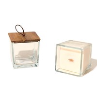 Nouveau porte-bougie en verre transparent carré de 300 ml/640 ml, luxueux pot carré pour bougie parfumée avec couvercle en bois d'acacia