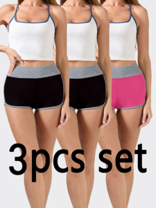 Conjunto de 3 Pantalones Cortos Deportivos de Poliéster con Cintura Alta y Ribete en Contraste para Gimnasio (Negro/Negro/Rosa) Talla Regular Casual - Product Image 1
