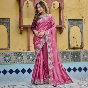 Sari de Seda Bordado para Mujer, Vestido Étnico Tradicional Indio para Bodas y Fiestas, Color Rosa Púrpura, Largo hasta el Suelo, Corte Regular - Product Image 3