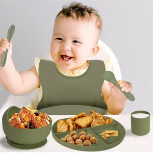 Baby Silicone Non-Slip Sucção Bowl Plate Spoon Waterproof Bib Cup Set Baby Crab Dishes Food Feeding Bowl for Kids