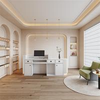 Comptoir de réception incurvé de style crème moderne avec panneau cannelé et éclairage LED pour salon de beauté et magasin de vêtements